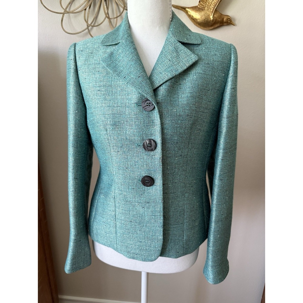 Kasper Petite Blazer Womens 2P Teal Textured Career Jacket Lined